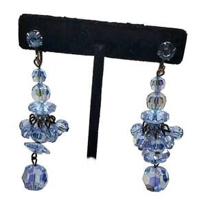Vintage Earrings Blue Crystal & Rhinestone Dramatic Long Dangle Chacha Clip On
